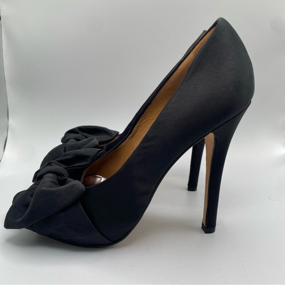 Badgley Mischka High Heel Shoes Black Satin Open Toe Slip On w/Bow Size 7 - Picture 3 of 5